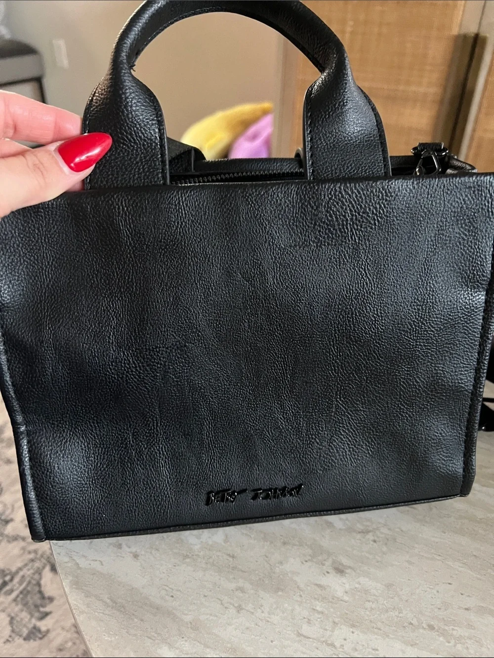 Betsey Johnson Black Satchel with Red Lip and Gold Accents